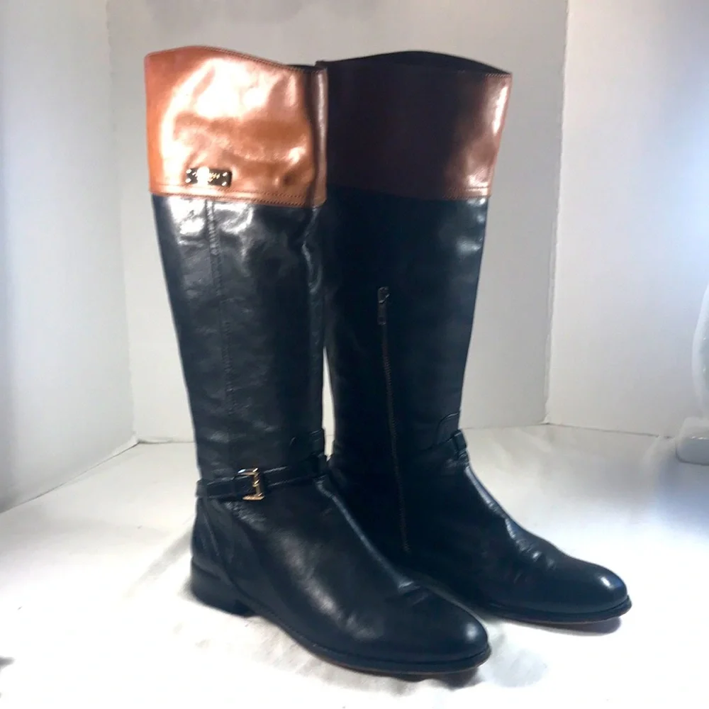 Coach Micha Black and Brown Leather Knee-High Women's Side Zip Riding Boots